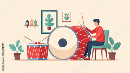 Man playing drums in a room with plants and wall art