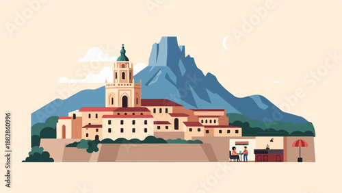 Italian village with a church, mountains, and people at a cafe
