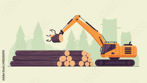Orange excavator with claw arm moving logs in a forest
