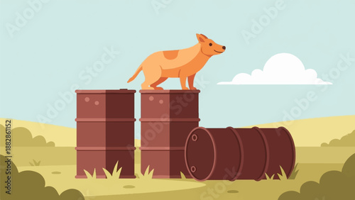 Orange dog stands on stacked barrels in a grassy field
