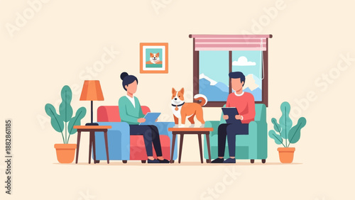 People and pet relax in a cozy living room, enjoying a peaceful day indoors