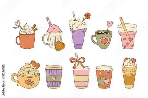 Valentine Day groovy love coffee cups with hearts isolated romantic doodle set on white background