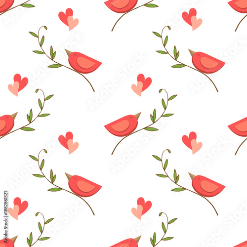 Pattern with birds and hearts for Valentines Day, declaration of love, birds serenading your beloved.