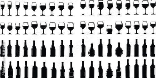 Vector illustration of various wine bottle silhouettes and wine glass icons set, elegant beverage packaging shapes, alcoholic drink symbols for bar menu design,