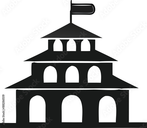 Traditional asian pagoda with multiple tiered arches and flag Vector