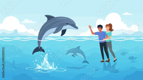 Happy couple watches dolphins leap from the clear blue ocean waves