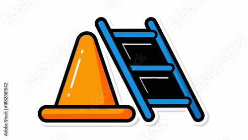 Orange traffic cone and blue ladder leaning against it, cartoon style
