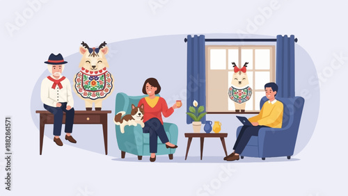 People and whimsical creatures relax indoors with a dog and technology