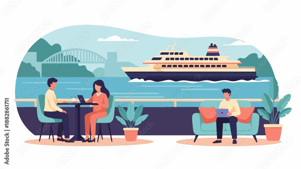 Naklejka premium Outdoor cafe with people working and relaxing by a scenic waterfront with a ferry