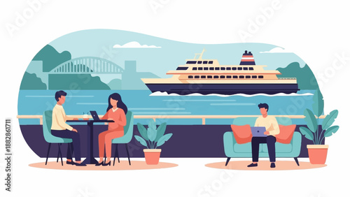 Outdoor cafe with people working and relaxing by a scenic waterfront with a ferry