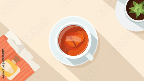 Flat lay view of a warm drink and a small succulent plant