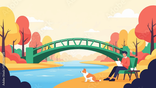 Man with dog by river under autumn bridge, reading and drinking