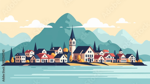 Lakeside village nestled beneath misty mountains under a soft, pale sky