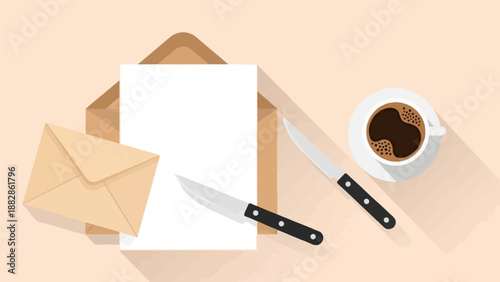 Flat lay of an open envelope with paper, two knives, and coffee