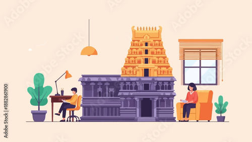 Man working at desk, woman reading in armchair by temple structure