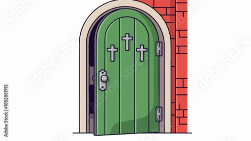 Green arched door with three crosses on a brick building