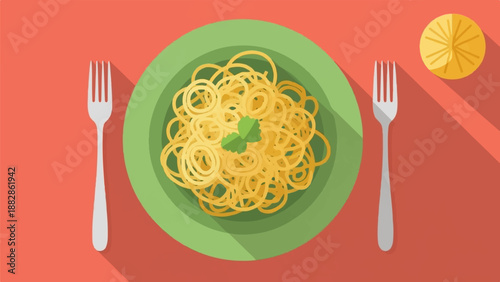 Overhead view of a plate of spaghetti with two forks and a lemon slice
