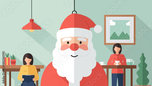 Flat illustration of Santa Claus with two people in a cafe setting