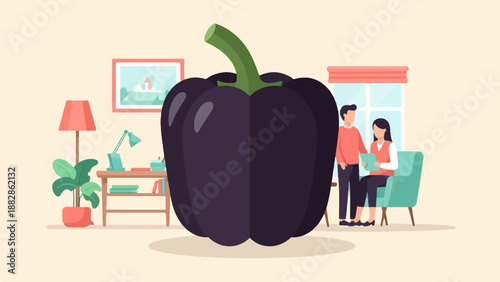 Large purple pepper with people in a room