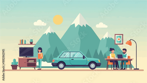 Flat illustration of people working and relaxing with mountains and a car