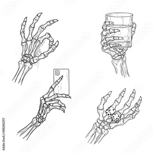 Skeleton hand with various gestures, sketch. Vector illustration. Bony fingers holding a glass of whiskey or a bank card, isolated on a white background. For Halloween signs, and various occasions.