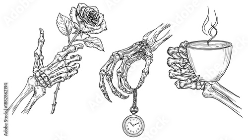 Skeleton hand holding cup of tea and watch, sketch. Vector illustration. Bony fingers of dead man are holding rose, set isolated on white background. For various occasions, textile printing