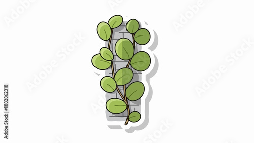 Green vine with round leaves on a textured brick background, cartoonish style