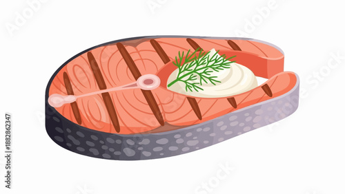Grilled salmon steak with creamy sauce and dill on white background