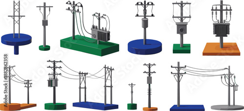 Isometric electrical utility components set featuring power poles, transformers, transmission lines, substations, energy distribution infrastructure, industrial grid technology illustration