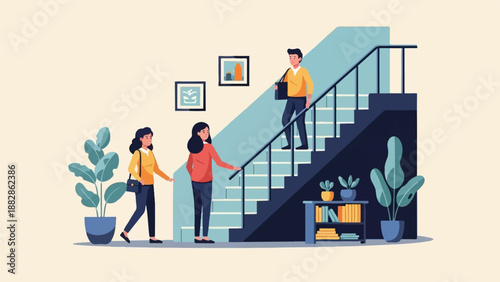 Flat illustration of people on a staircase with plants and books