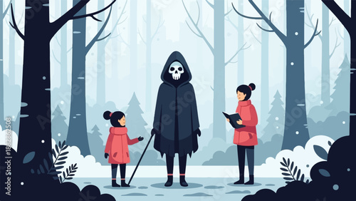 Grim Reaper visits two children in a snowy, sparse forest