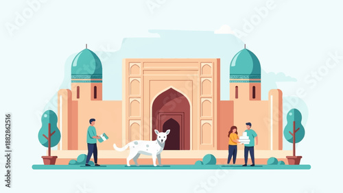 Flat illustration of people, dog, and building with domes