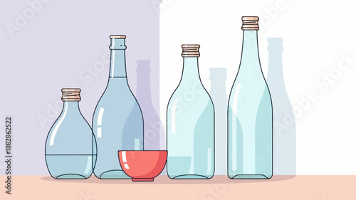 Light blue glass bottles of various sizes with a small red bowl
