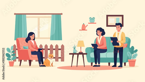 Flat illustration of people and dog in a living room