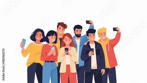 Group of young people taking selfies with their phones on a white background