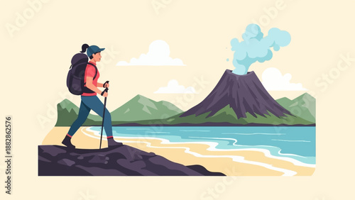 Hiker with backpack and poles walks on beach near volcano