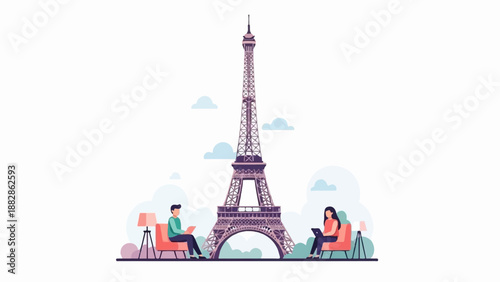 Flat illustration of Eiffel Tower with people working remotely on laptops