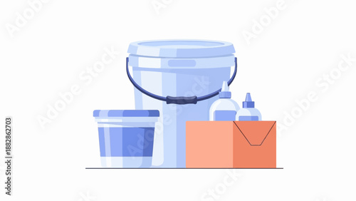 Household supplies bucket, container, box, and glue bottles on a white background