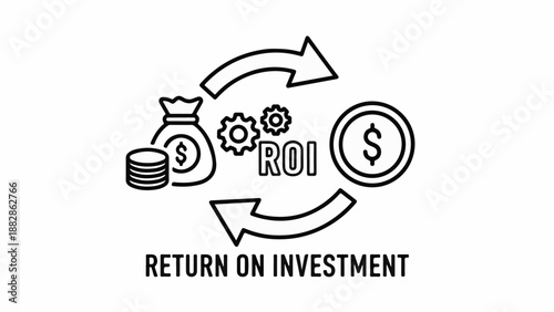 Icon showing a bag of coins, gears, and a coin with ROI and text