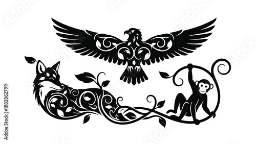 Stylized animal silhouettes of a fox, eagle, and monkey integrated with organic floral patterns.