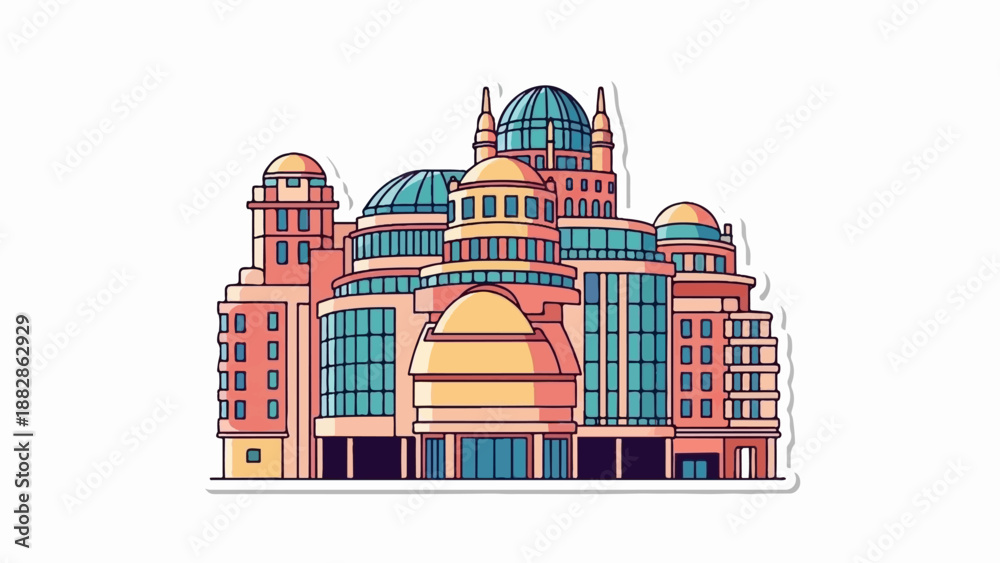 Fototapeta premium Illustrated modern complex of buildings with domed roofs and windows