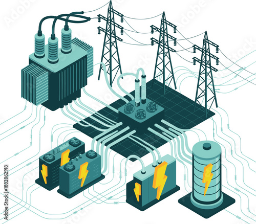 Modern electrical power grid illustration showing transformer transmission towers substations cables battery storage smart energy distribution system technology