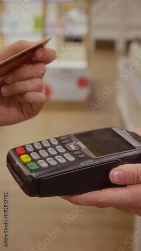 Vertical close up shot of unrecognizable female customer completing contactless payment by card while retail staff holding POS terminal at beauty shop