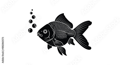 A striking black and white illustration depicts a fish swimming amongst bubbles showcasing detailed linework and a bold silhouette high quality