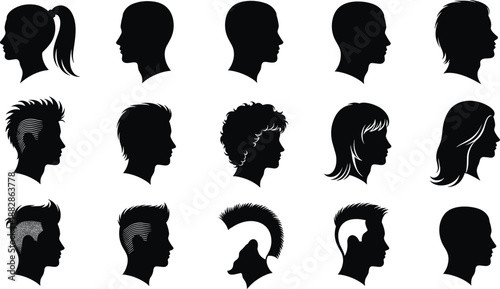 Vector silhouette set of human head profiles with various hairstyles, male and female haircuts, grooming icons, barber shop signs, and salon fashion avatars,