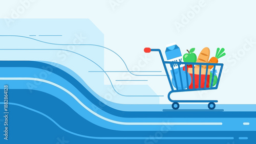 Grocery Cart Filled With Food Items Moving Fast Through Blue Abstract Waves