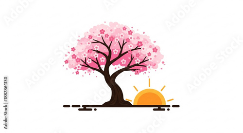 Blossoming tree with pink flowers at sunrise landscape