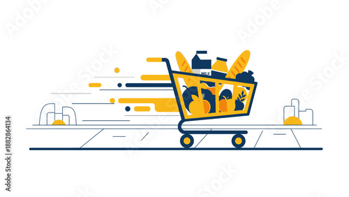 Grocery Cart Speeding Down Roadway Depicting Fresh Food Delivery and Shopping Concept