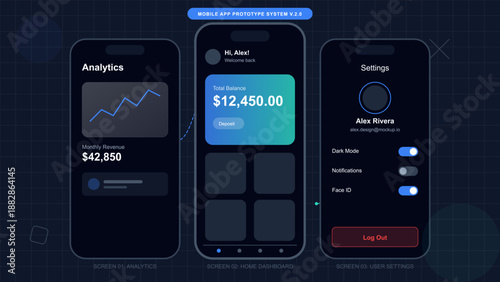 User interacts with a mobile app prototype. The screens display analytics data, a dashboard with balance, and settings features for personal customization.