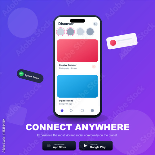 A mobile device displays various options for connecting with others. The screen showcases different sections like Creative Summer and Digital Trends. Users can explore features available.